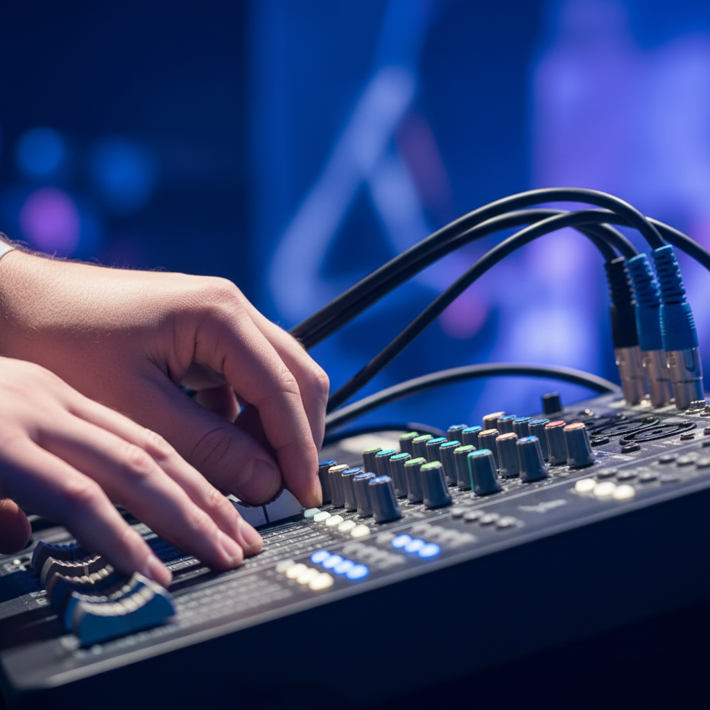 Close-up of professional audio mixer for corporate event AV at Mississauga Convention Centre