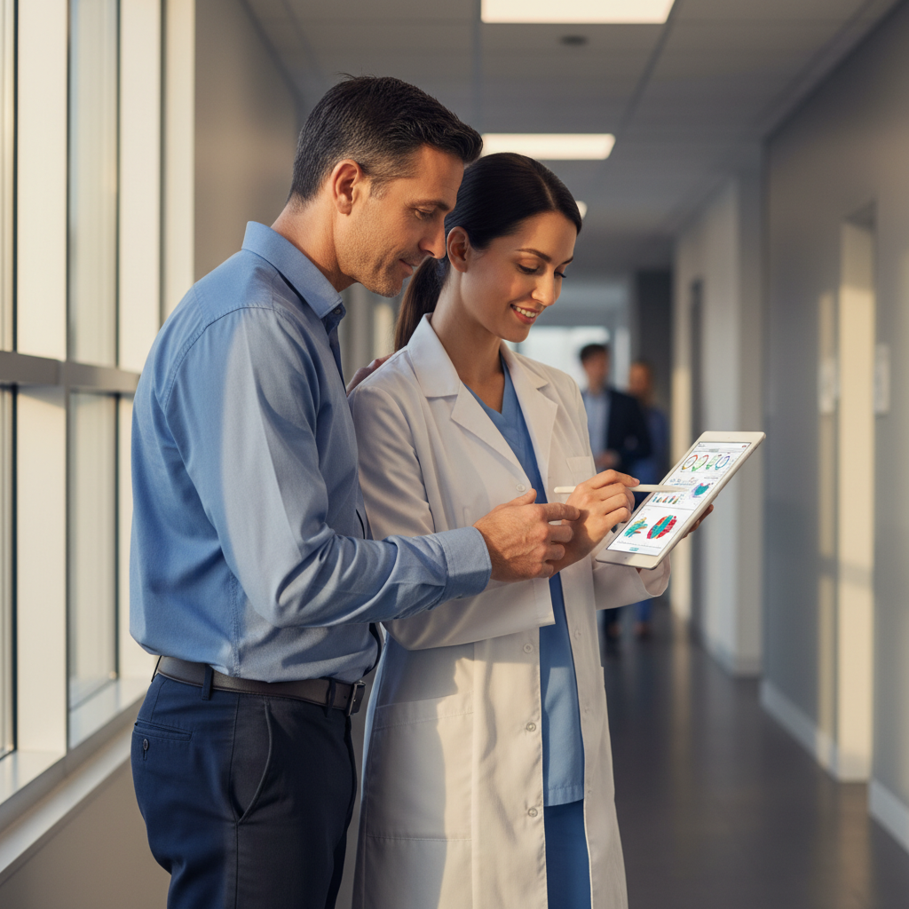 Clinician and male patient reviewing a personalized addiction treatment plan on a tablet in a clinic hallway, illustrating a men's health addiction treatment approach