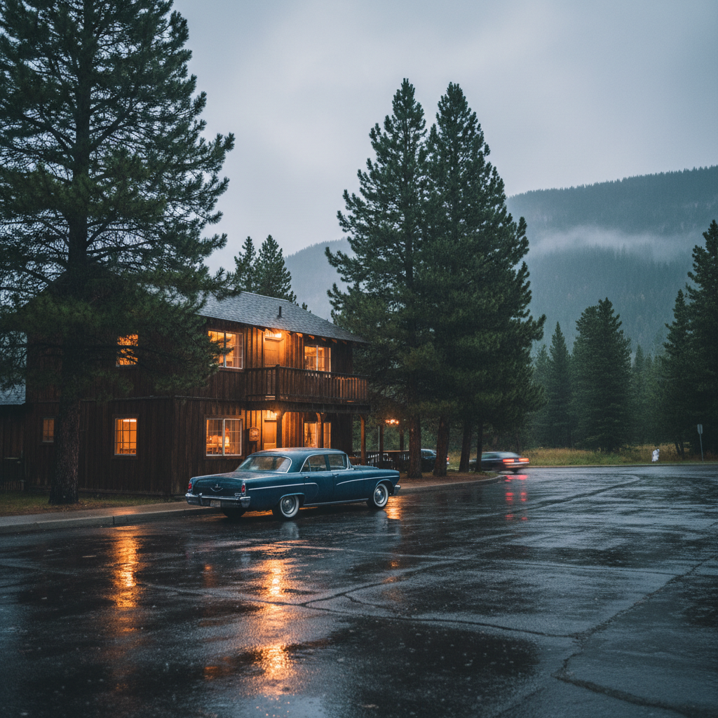 Evening exterior of a cozy North Conway motel with warm lights and mountains—safe arrival after secure online booking