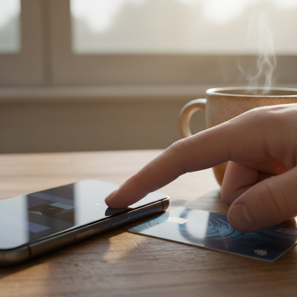 Close-up enabling smartphone fingerprint for secure online motel booking; card nearby; best practice for Briarcliff Motel guests