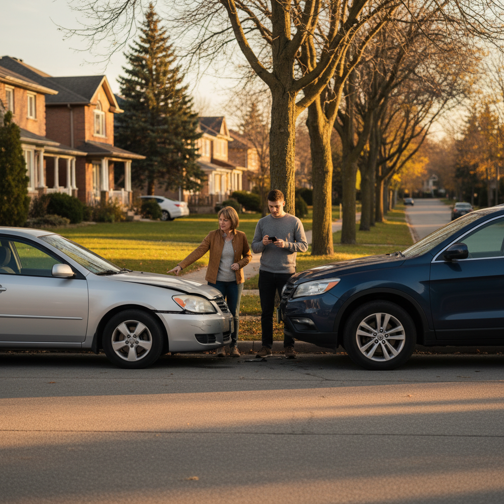 Minor fender bender on a suburban Whitby street illustrating when collision deductibles may apply in Ontario