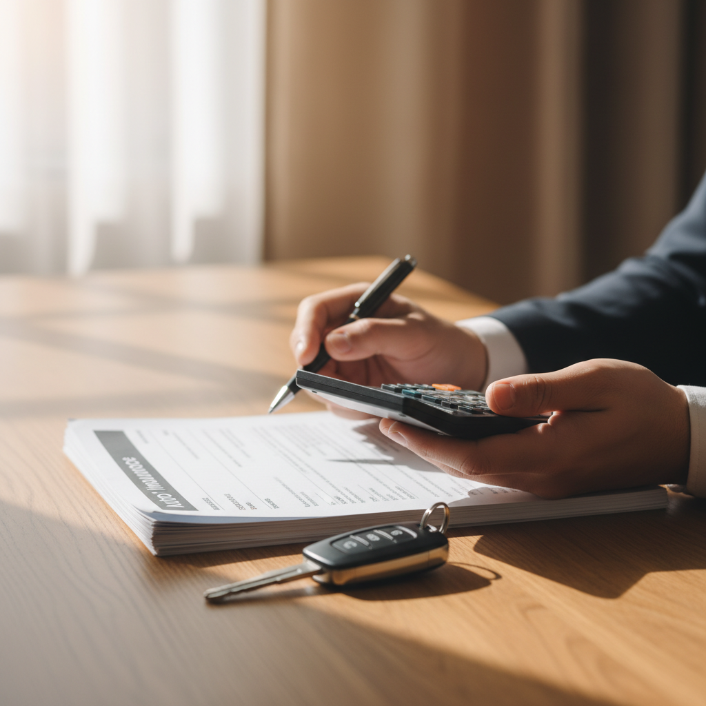 Close-up of driver reviewing Ontario auto insurance documents and deductible options on a desk with keys and calculator