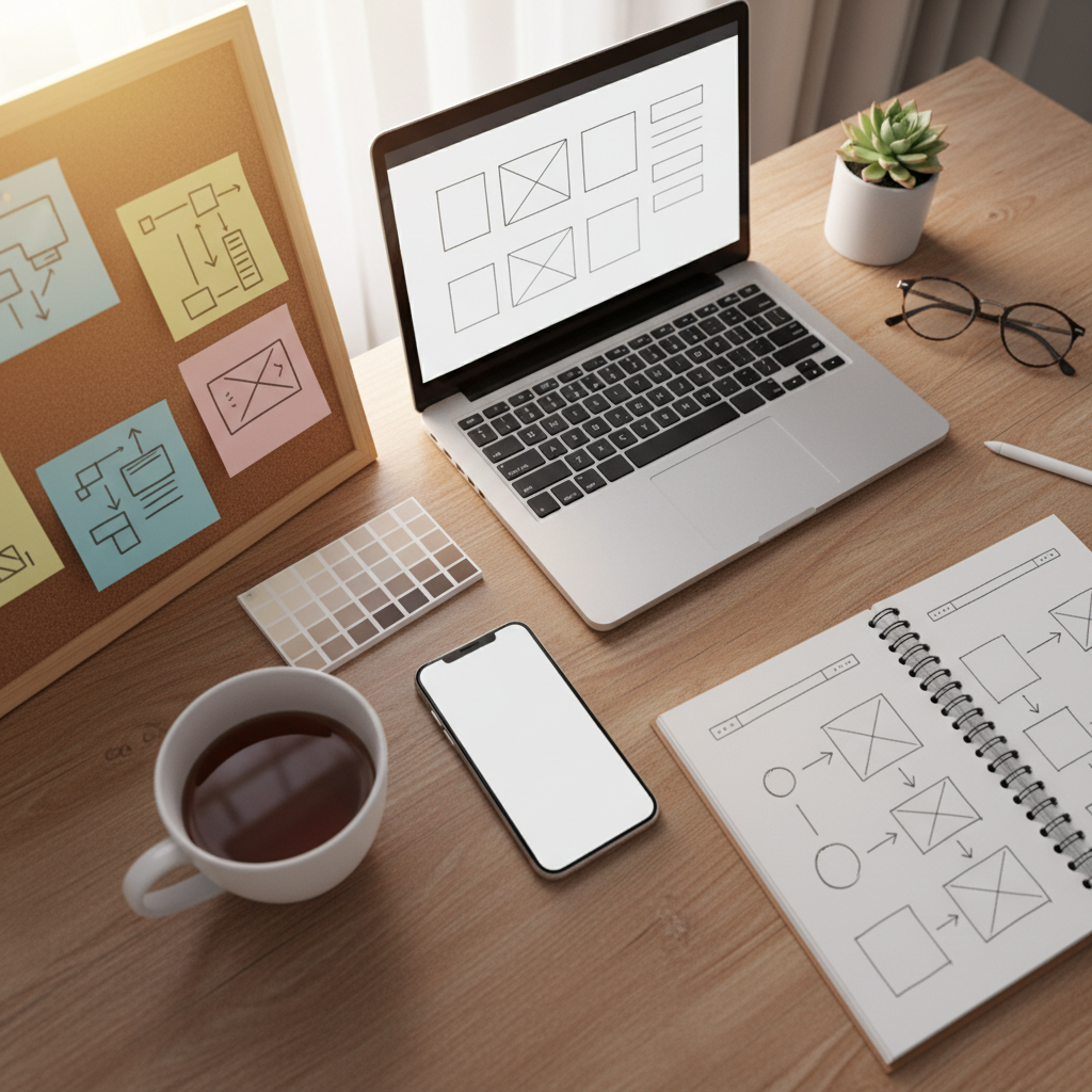 Top-down planning scene of a Webflow CMS content model for SEO templates and internal linking