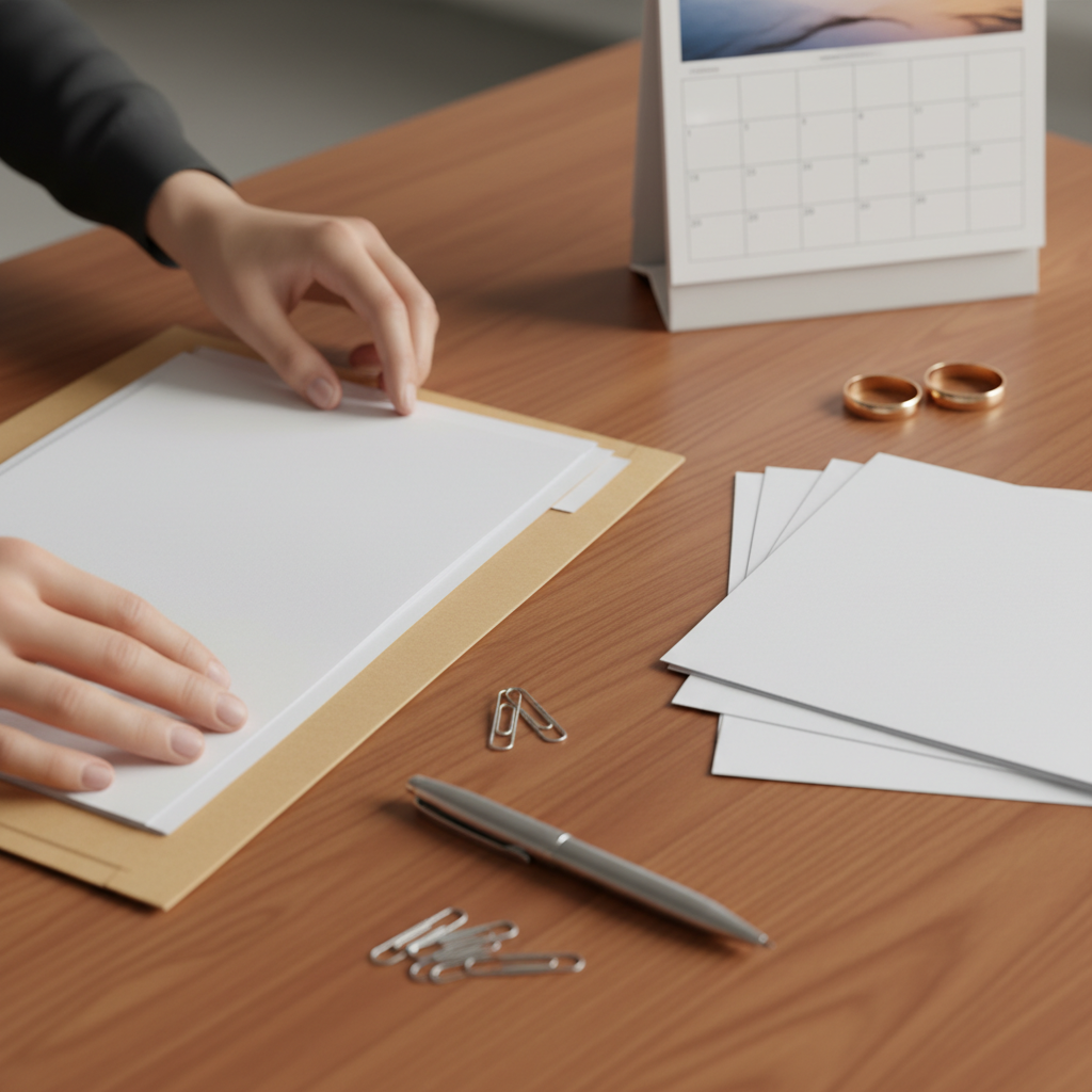 Close-up of organizing Ontario divorce paperwork with wedding rings set aside, illustrating the divorce process Ontario steps