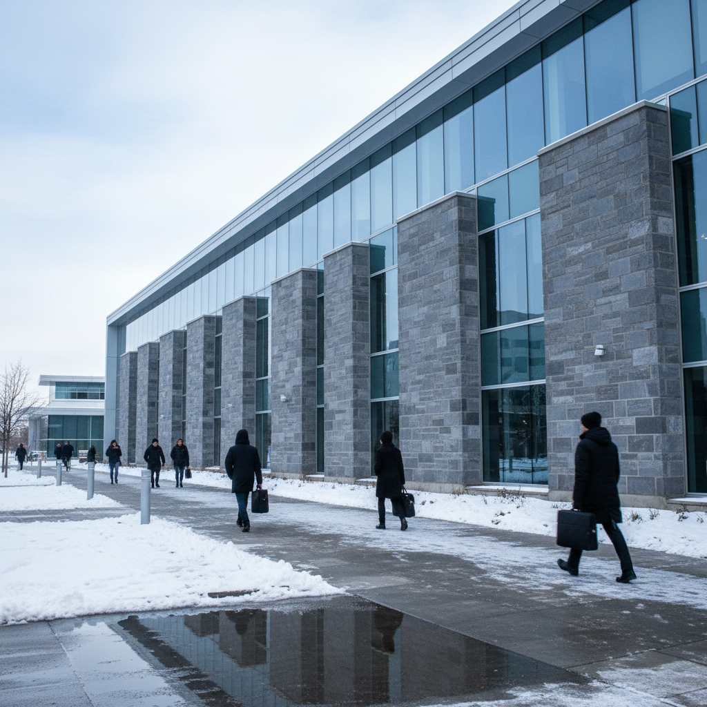 Modern Ontario courthouse exterior in Brampton, where divorce forms are filed and processed step by step