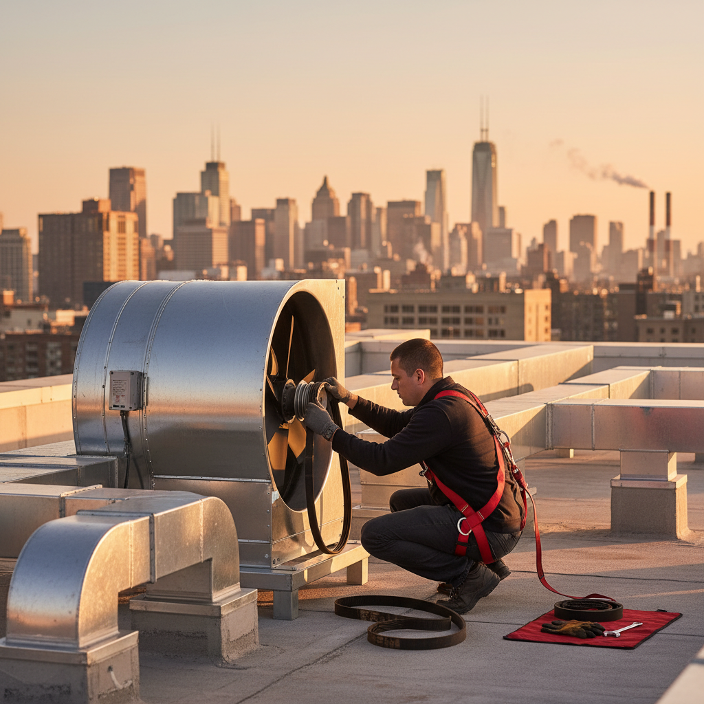 Technician replacing a worn rooftop exhaust fan belt during scheduled commercial kitchen preventive maintenance at sunset, with safety harness on