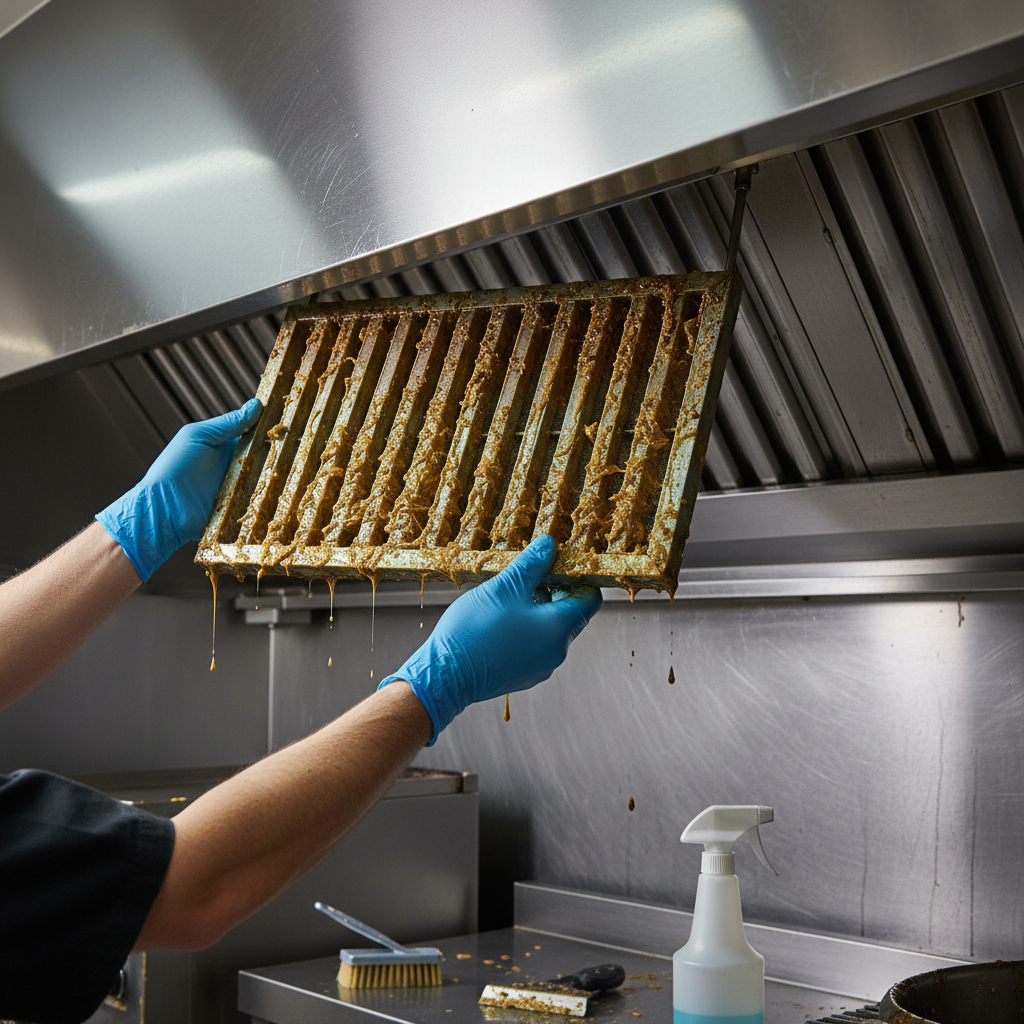 Close-up of a greasy baffle filter being removed from a stainless hood during commercial kitchen preventive maintenance, showing residue and proper PPE