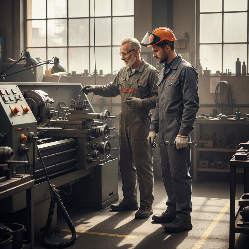 Mentoring scene in a family-owned workshop, illustrating practical succession planning where the current owner coaches the successor on operations