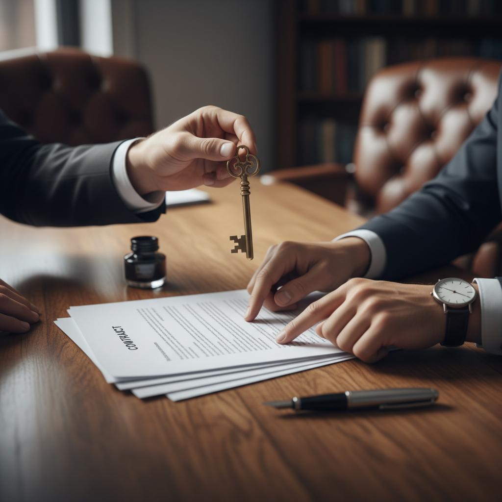 Close-up of succession planning handover with key exchange and unsigned documents, illustrating ownership transfer steps and legal review