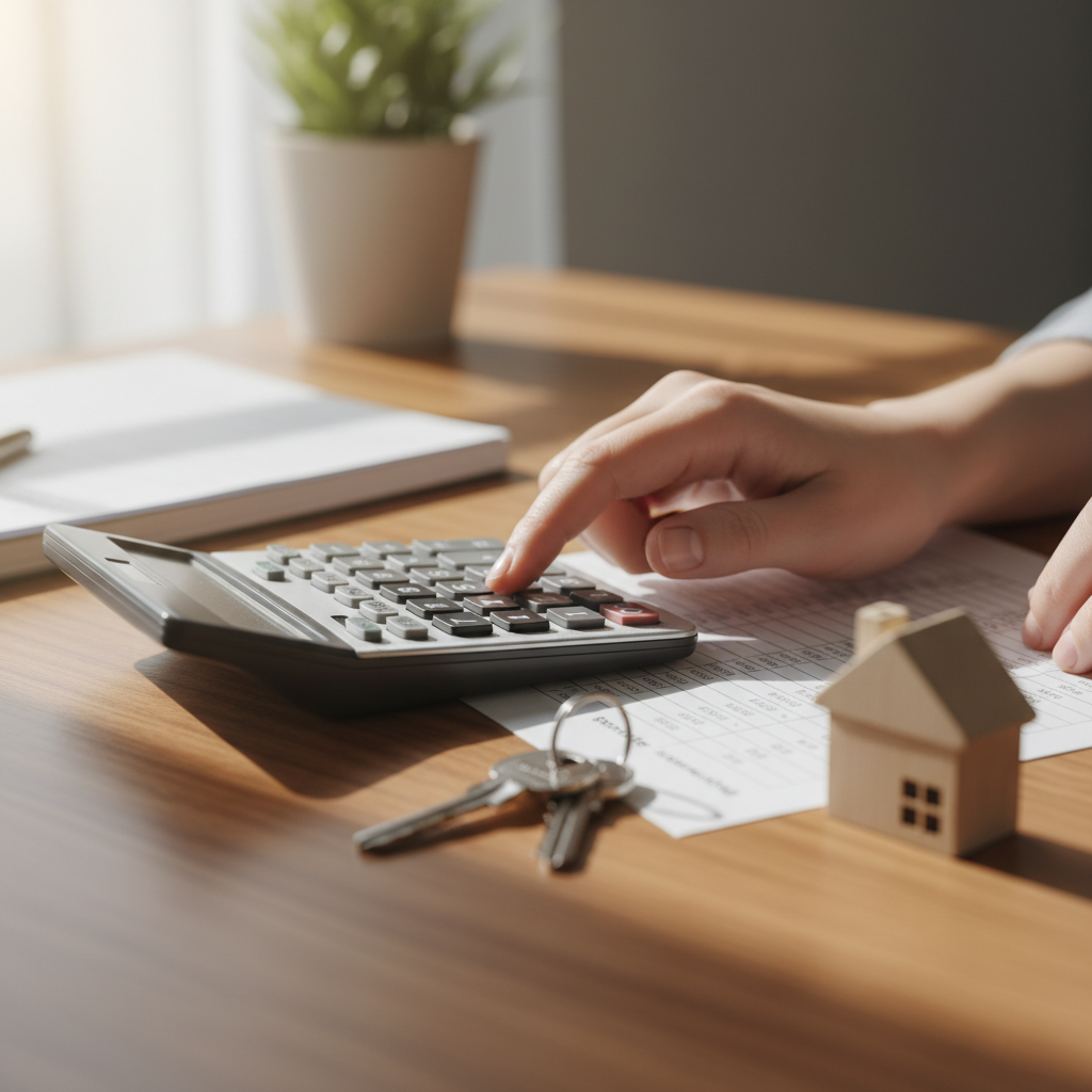 Detail shot of calculator, keys, and mortgage statement used to unlock home equity guide planning for refinance and top-up options