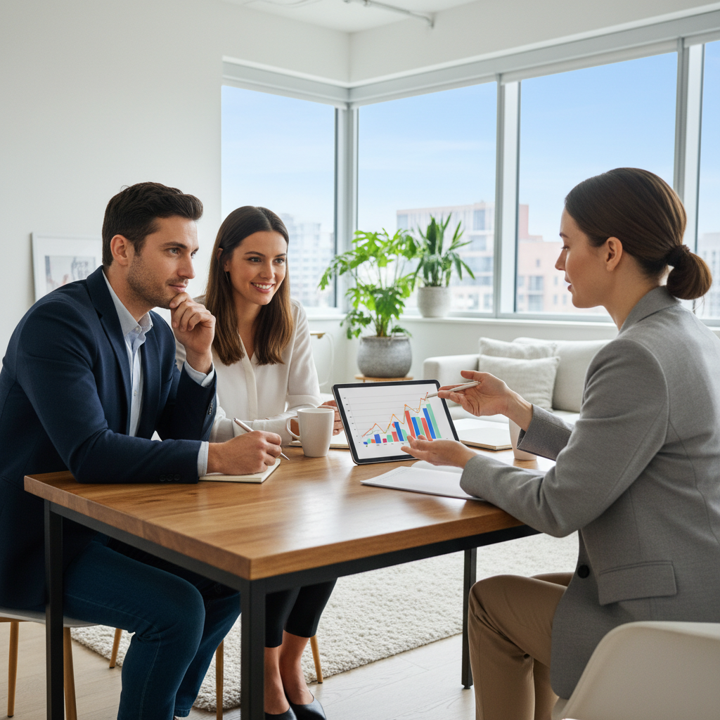 Mortgage broker meeting with homeowners to compare equity release options and loan features in Australia