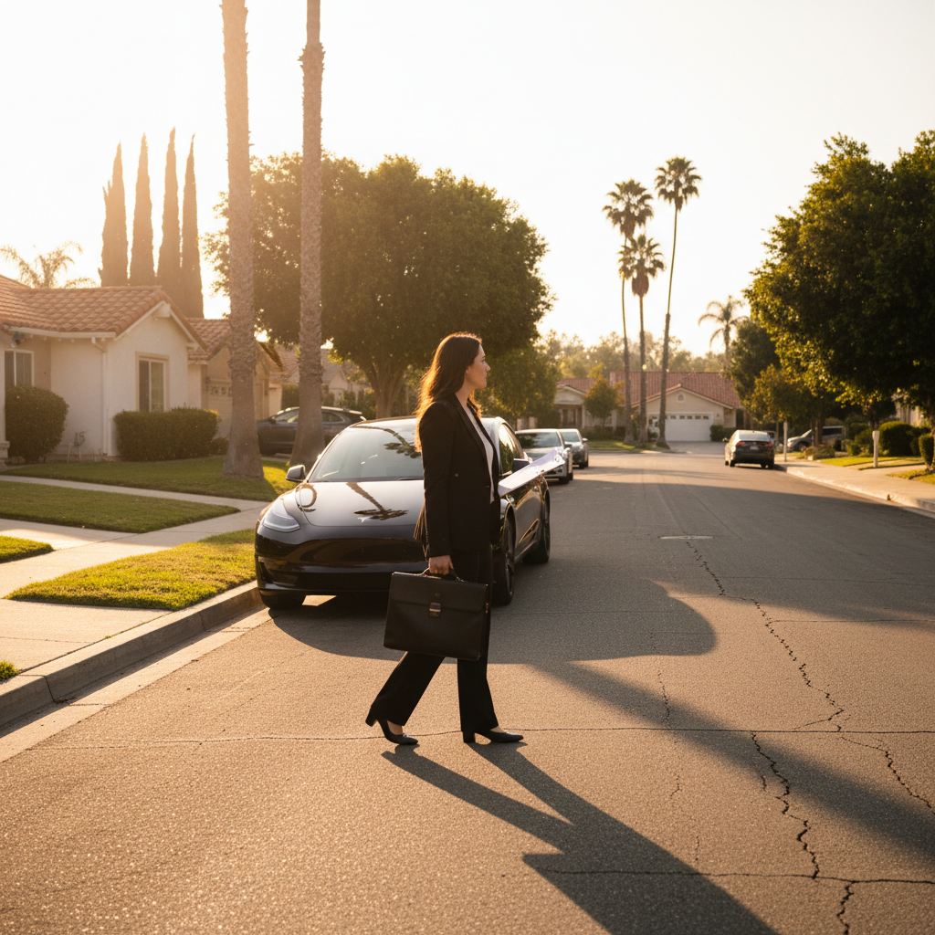 Mobile notary arriving on a Van Nuys residential street with briefcase and clipboard, ready to complete a grant deed notarization appointment