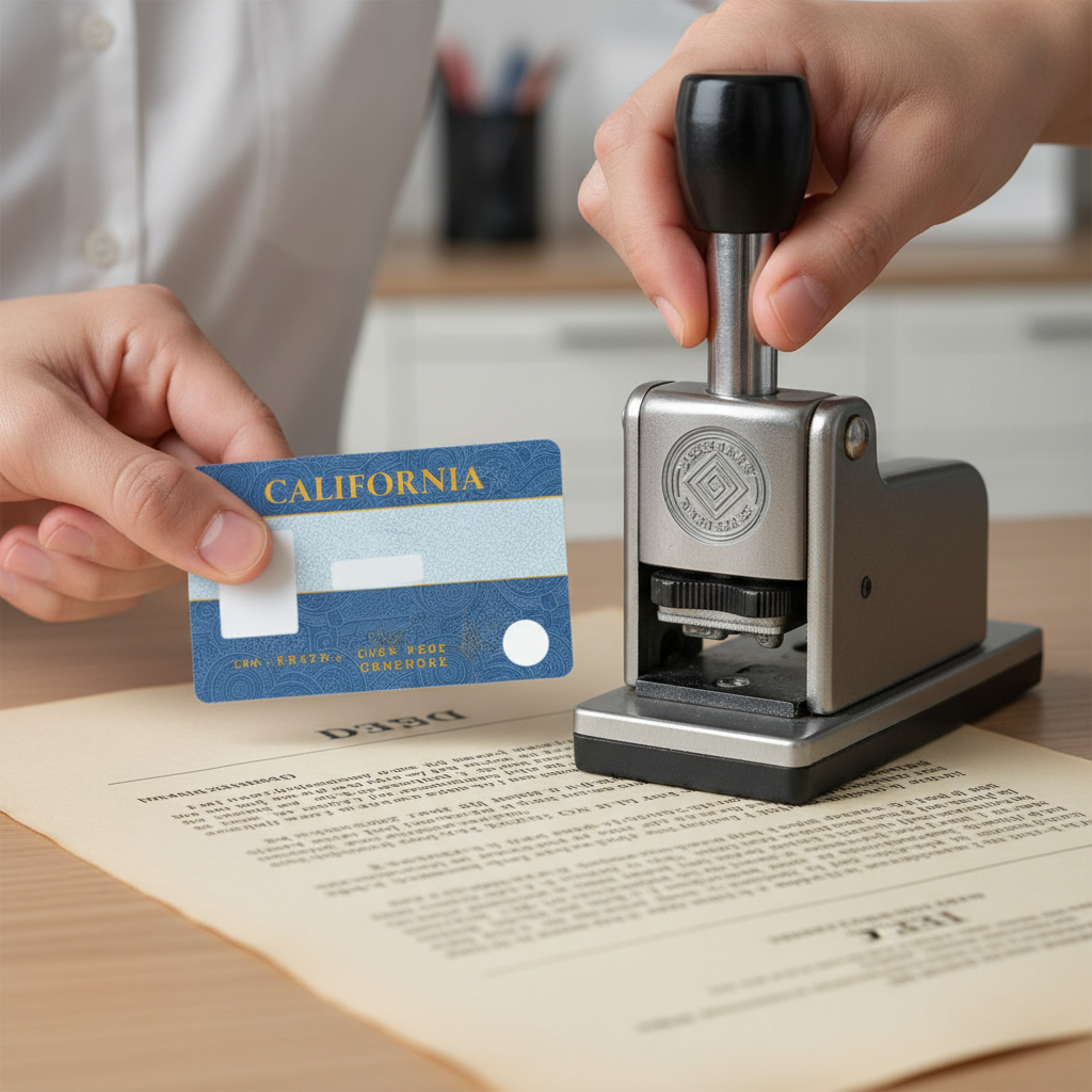 Close-up of California ID and notary embosser stamping a grant deed, illustrating acknowledgment and identity verification steps in a grant deed notarization guide
