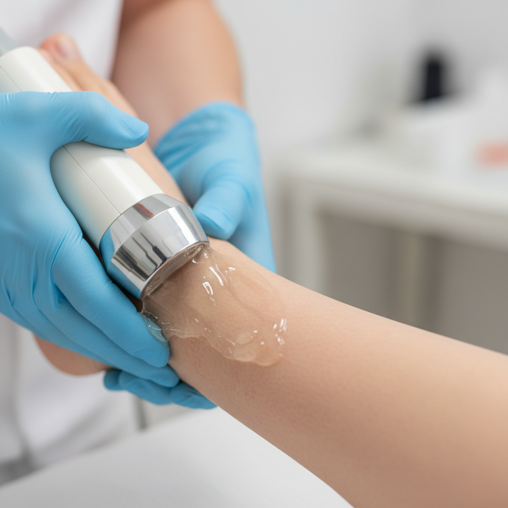 Shockwave therapy close-up on Achilles tendon at Whitby physiotherapy clinic for tendon pain relief