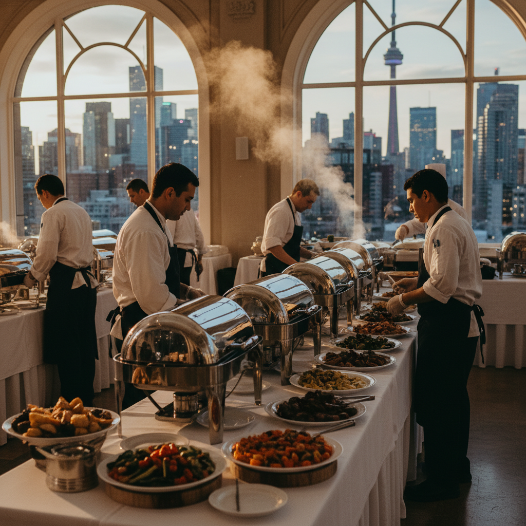 Catering team arranging chafing dishes and shawarma platters at a Toronto event venue, highlighting delivery, setup, and flow planning