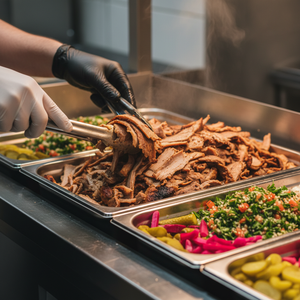 Close-up of Shawarma Moose catering trays with sliced shawarma, colorful sides, and tongs, illustrating portion planning for a catering cost calculator