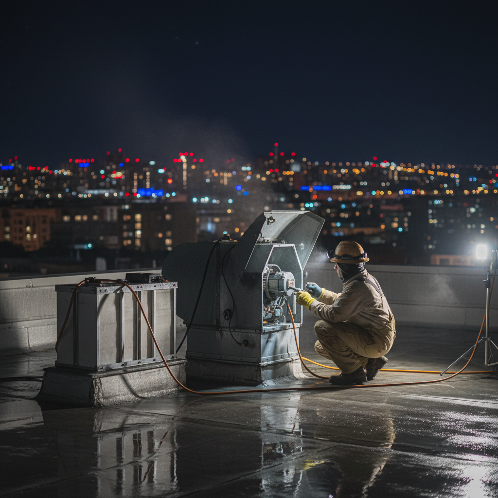 Rooftop exhaust fan service and grease containment check performed at night to maintain food service facility cleaning standards