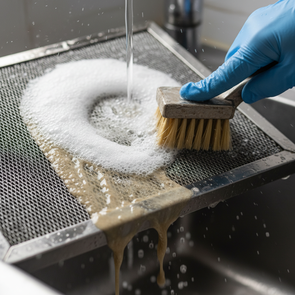 Close-up degreasing a stainless hood filter to meet food service facility cleaning standards and NFPA 96