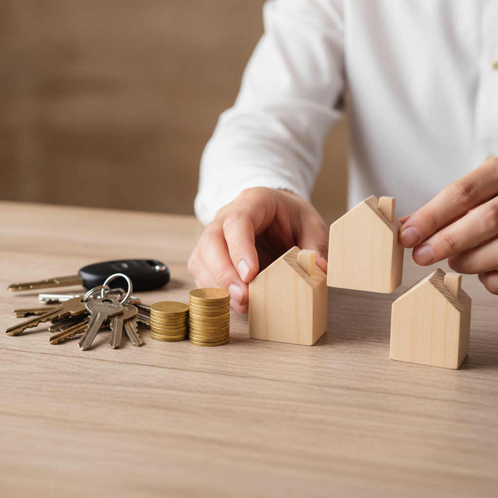 Close-up of hands arranging small wooden houses, keys, and coins to symbolize borrowing power and home loan capacity