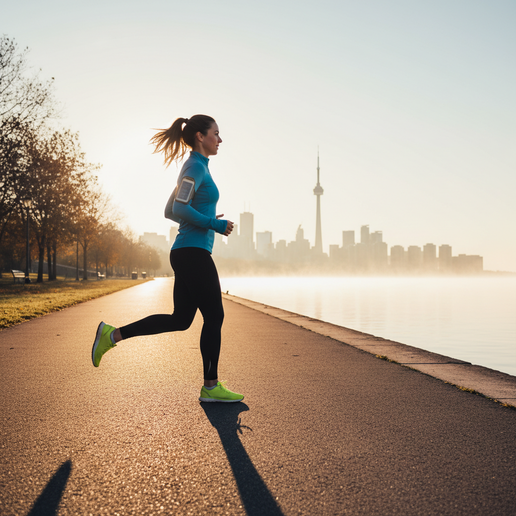 Healthy recovery routine for stimulant addiction treatment with early morning exercise along Toronto waterfront