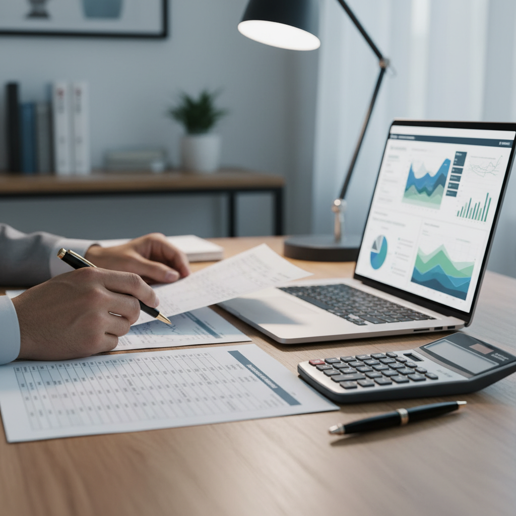 Close-up review of financial statements during audit and assurance for small business, showing calculator, bank reconciliation, and laptop dashboard