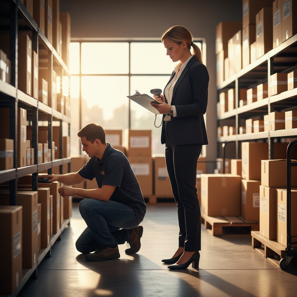 Auditor validating inventory count in a small warehouse as part of audit and assurance for small business