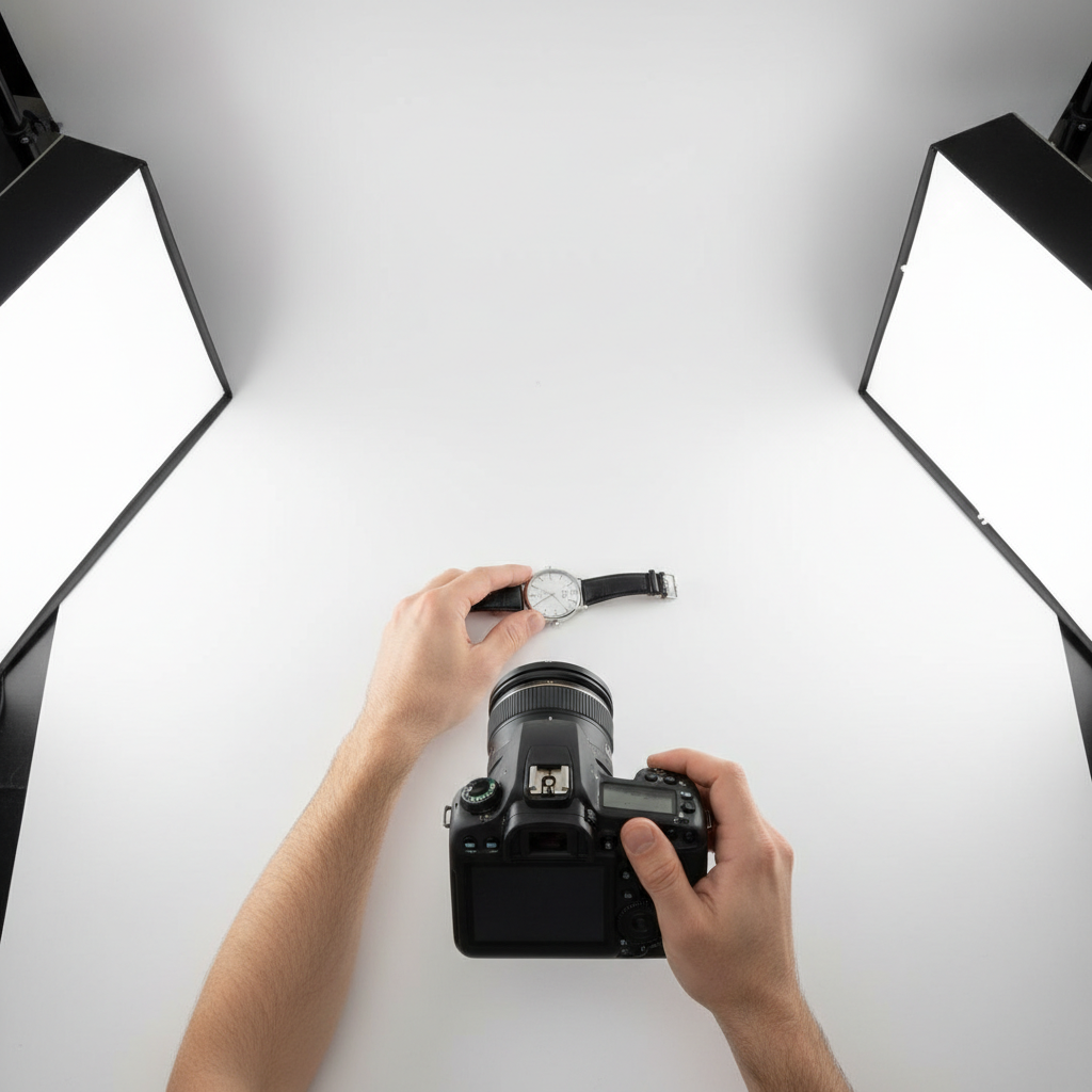 Close-up product photography setup for a Shopify store, showing careful content optimization and media workflow for a Shopify SEO content strategy