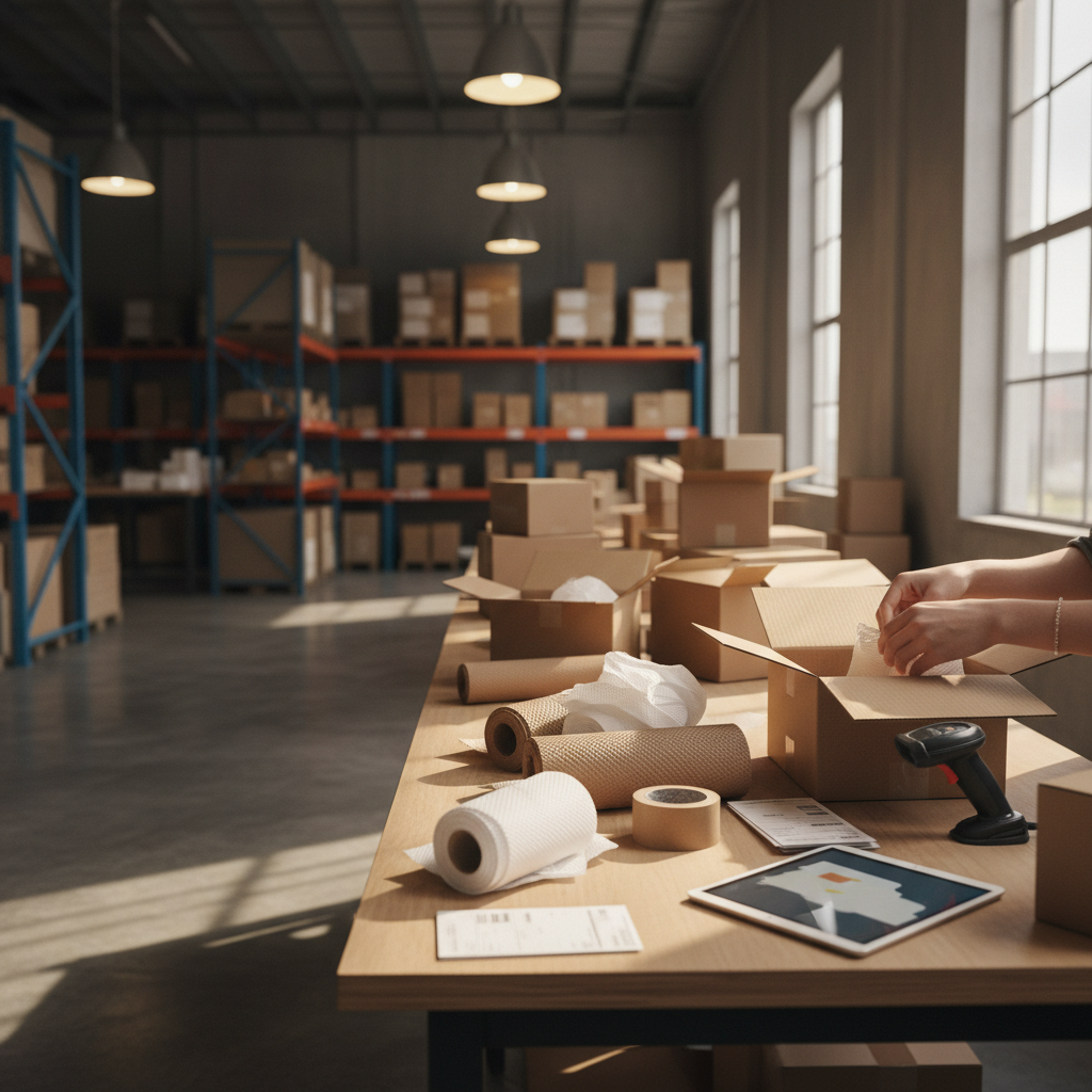 Shopify fulfillment table with packing materials and a tablet, illustrating the operational layer that a Shopify SEO content strategy supports