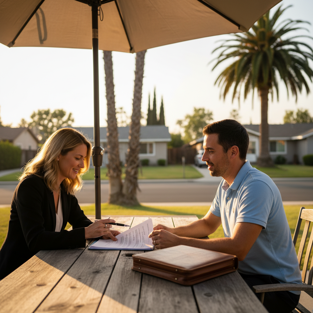 Mobile notary meeting on a shaded Van Nuys patio reviewing mortgage documents, illustrating on-site real estate loan signing checklist use