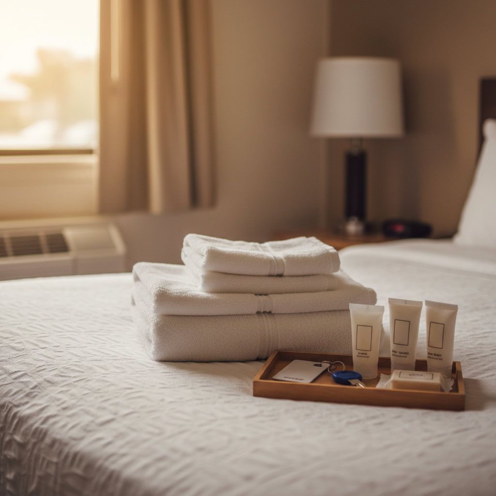 Close-up of motel room amenities: fresh towels, key fob, and toiletries highlighting motel amenities worth paying for in North Conway
