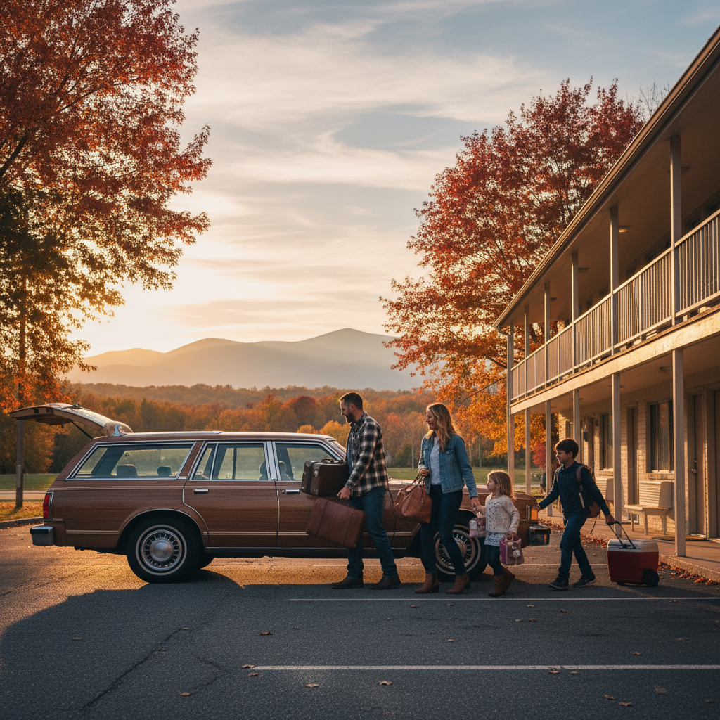 Family unloading a car at a North Conway motel room door, showing parking convenience—an amenity worth paying for
