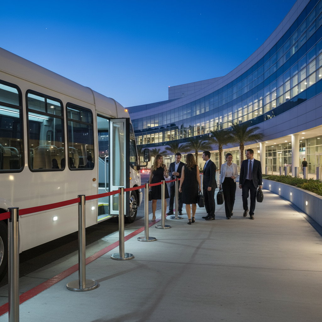 Shuttle drop-off zone at Mississauga Convention Centre showing guided pedestrian flow and evening lighting for guest safety
