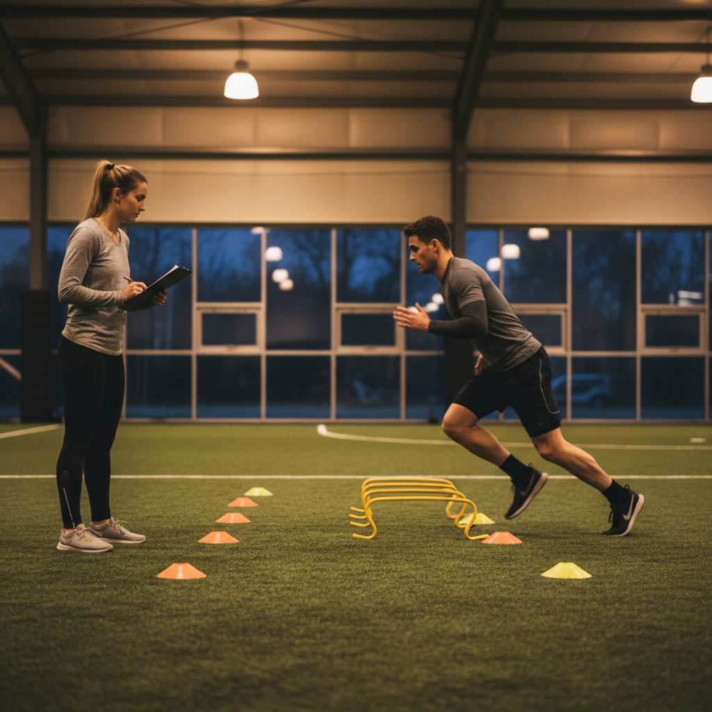 Supervised return-to-play drill after concussion with agility cones and therapist oversight in Whitby
