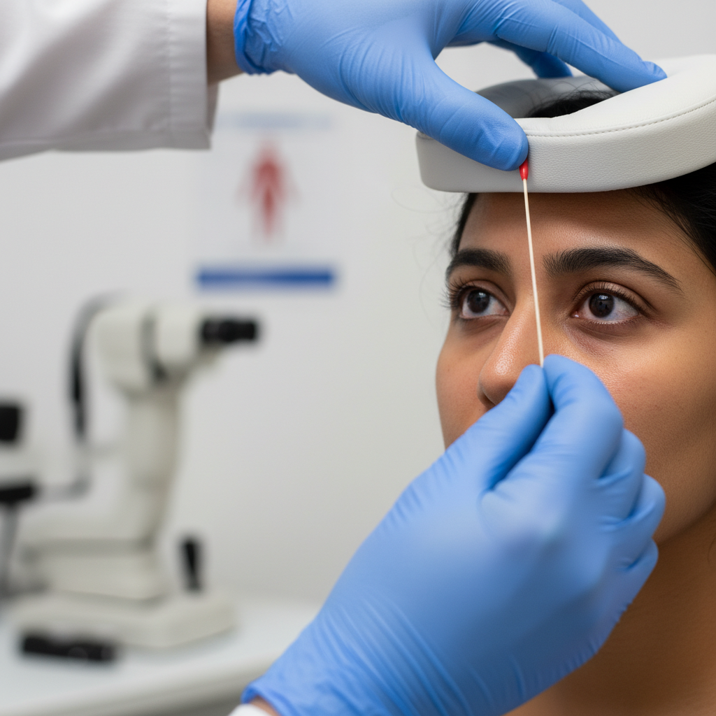 Close-up vestibular-ocular reflex assessment during concussion rehab, illustrating gaze stabilization therapy in Whitby clinic