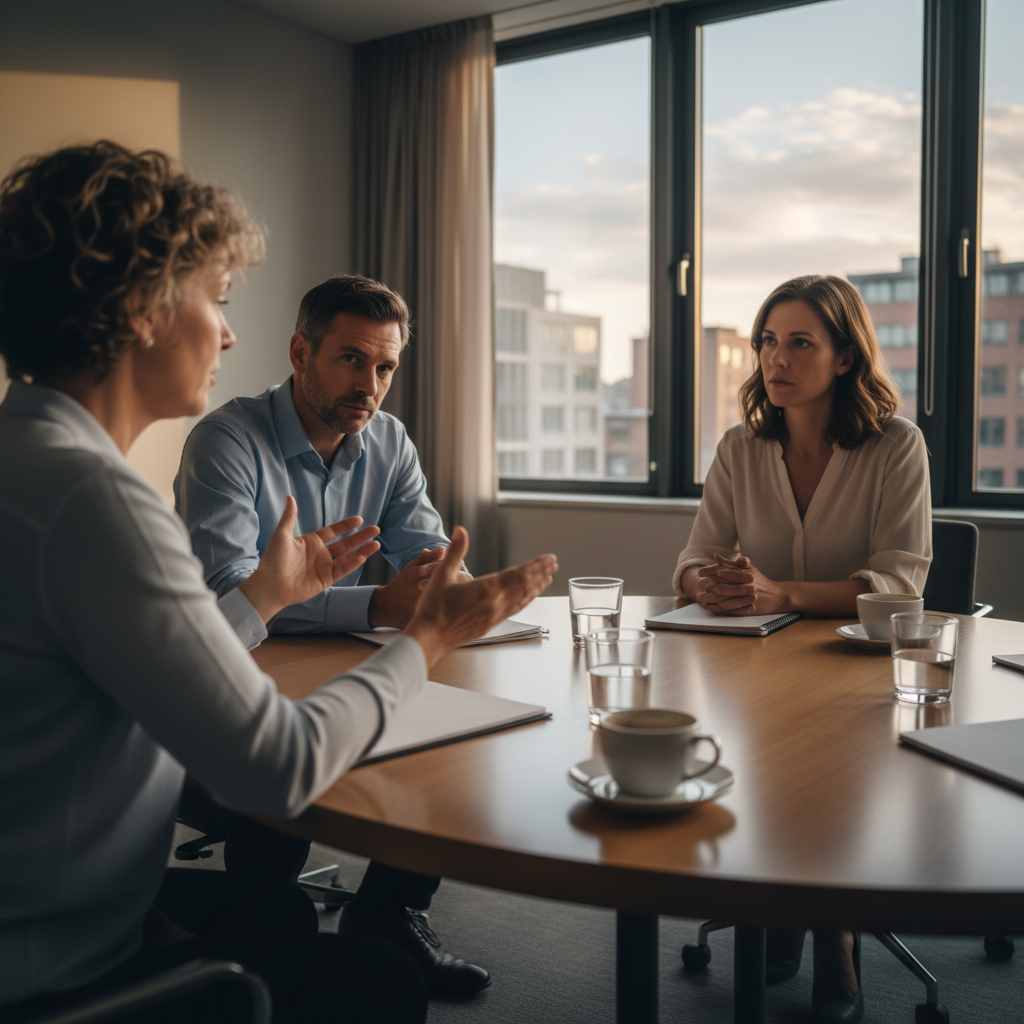 Ontario family mediation session with a neutral facilitator guiding parents through a child-focused discussion
