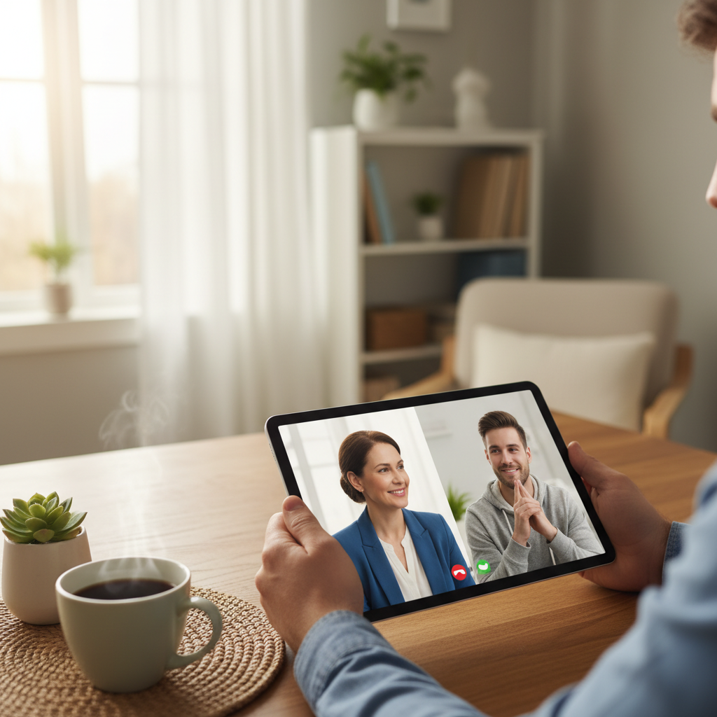 Telehealth psychiatry session on a tablet supporting mental health referral psychiatry services