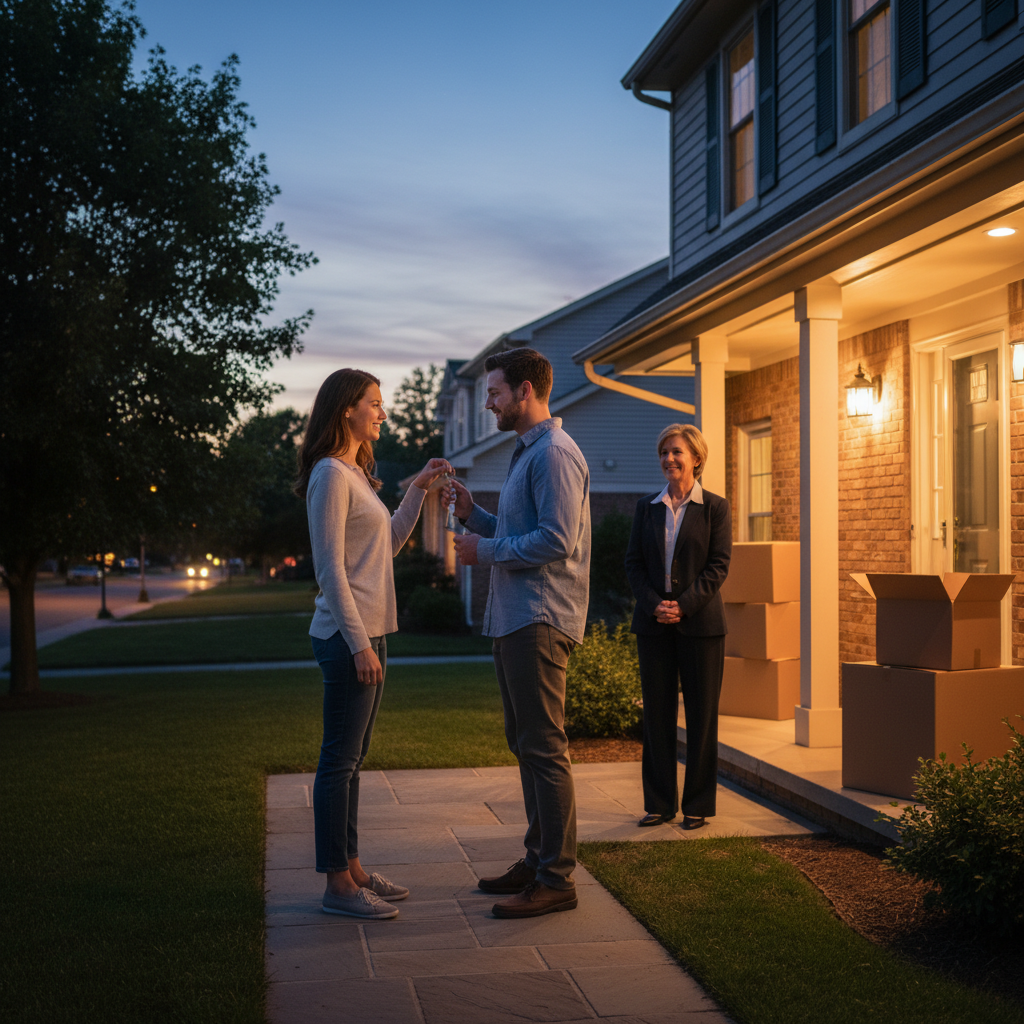 New homeowners receiving keys after a successful real estate closing at a suburban home