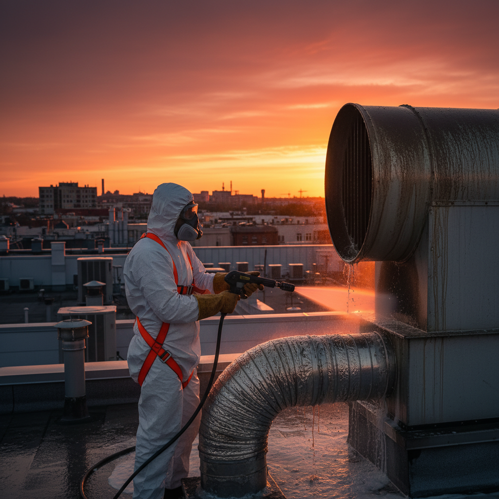 Technician cleaning a rooftop exhaust fan to reduce grease fire hazards in restaurants