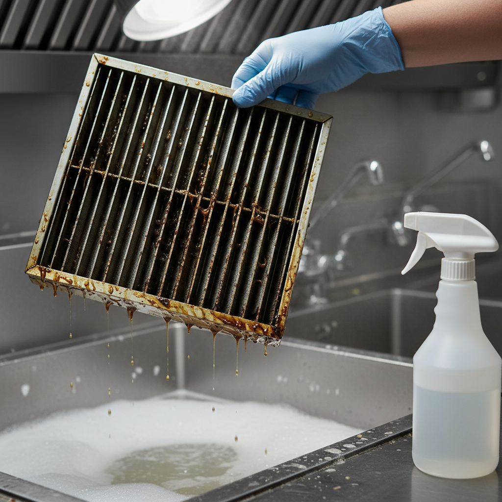 Close-up of baffle filter removal during hood cleaning for kitchen grease fire prevention