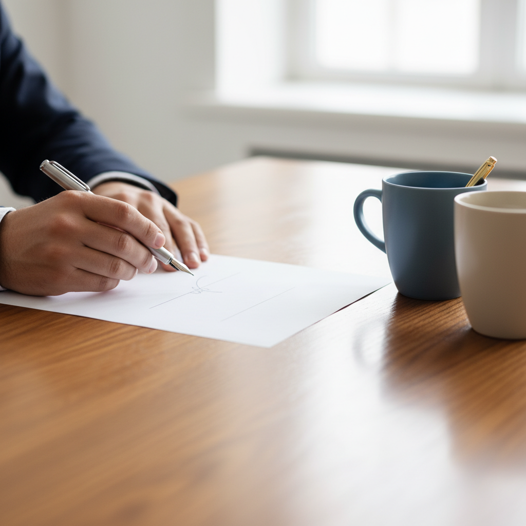 Close-up of hands signing a separation agreement with witness present, legal document process detail, how to draft a separation agreement