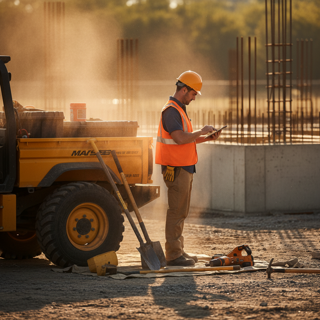 Construction contractor on site using a tablet to manage job costs and tax records