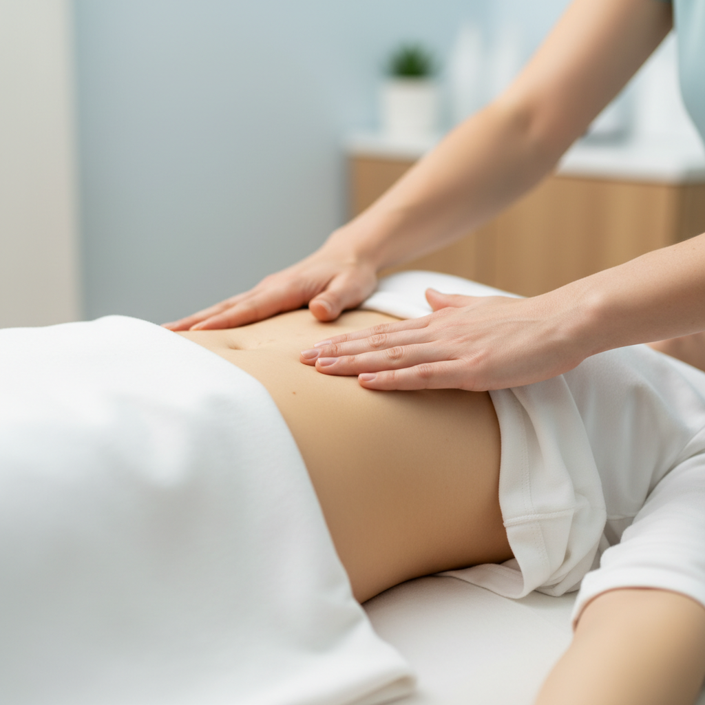 Therapist guiding diaphragmatic breathing for pelvic floor physiotherapy; close-up of rib cage and abdomen control to support pelvic floor dysfunction treatment options