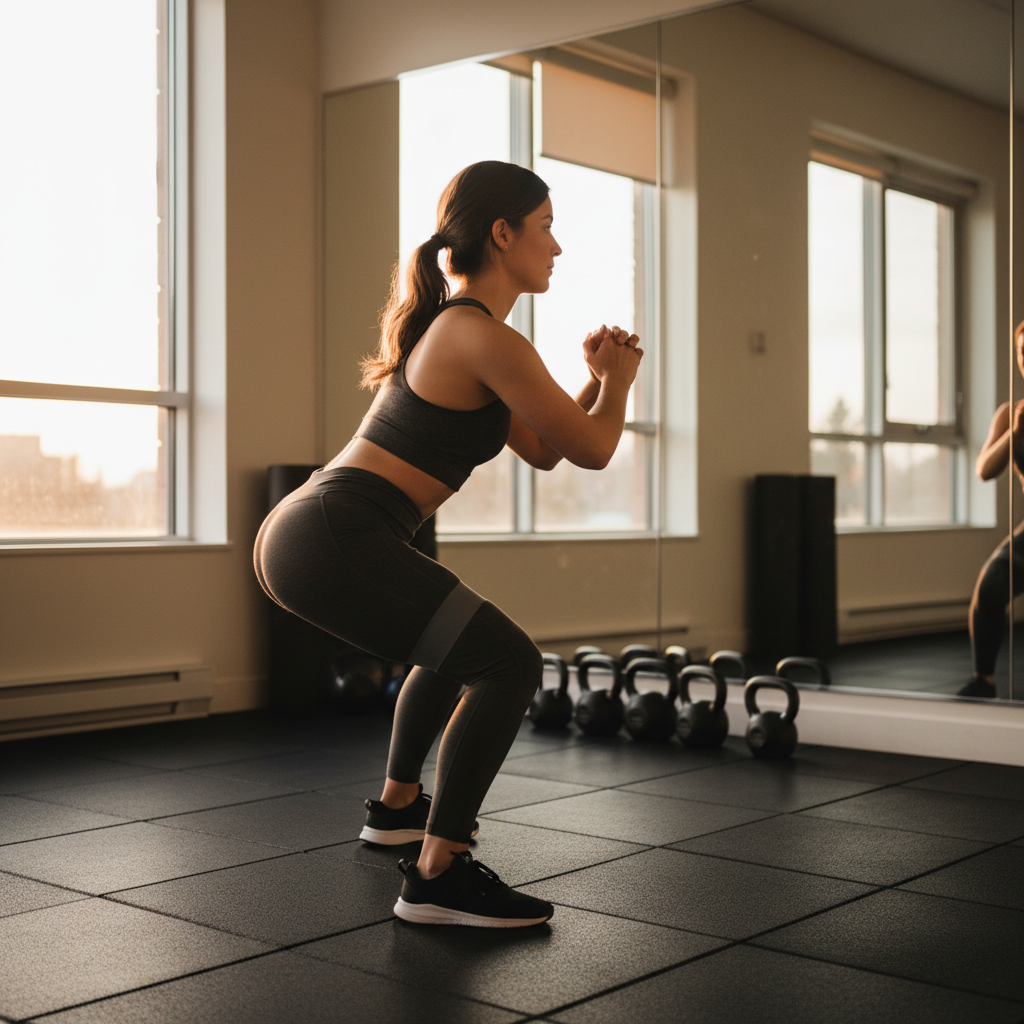 Patient performing pelvic floor-friendly squats with a resistance band in a rehab gym to support graded loading for pelvic floor dysfunction treatment