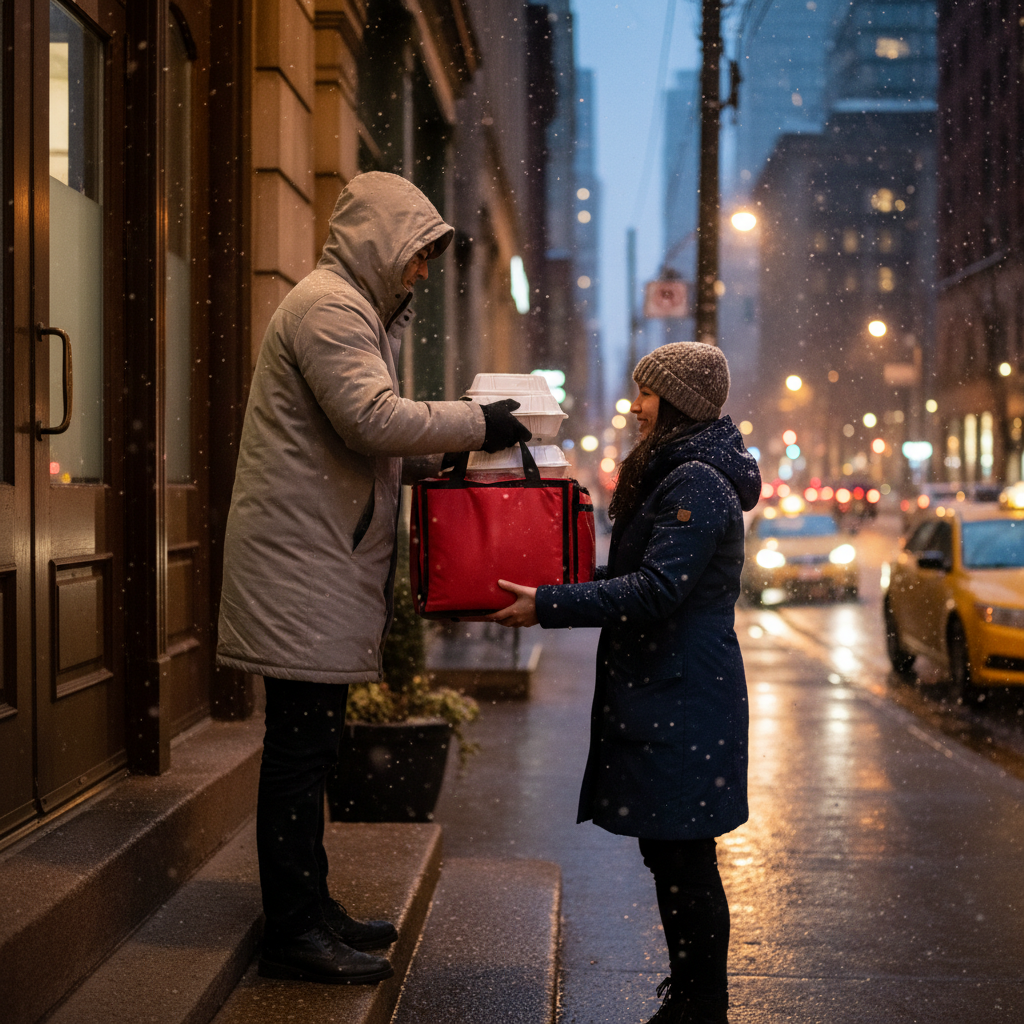 Food delivery handoff on a Toronto doorstep for quick lunch delivery near College Street
