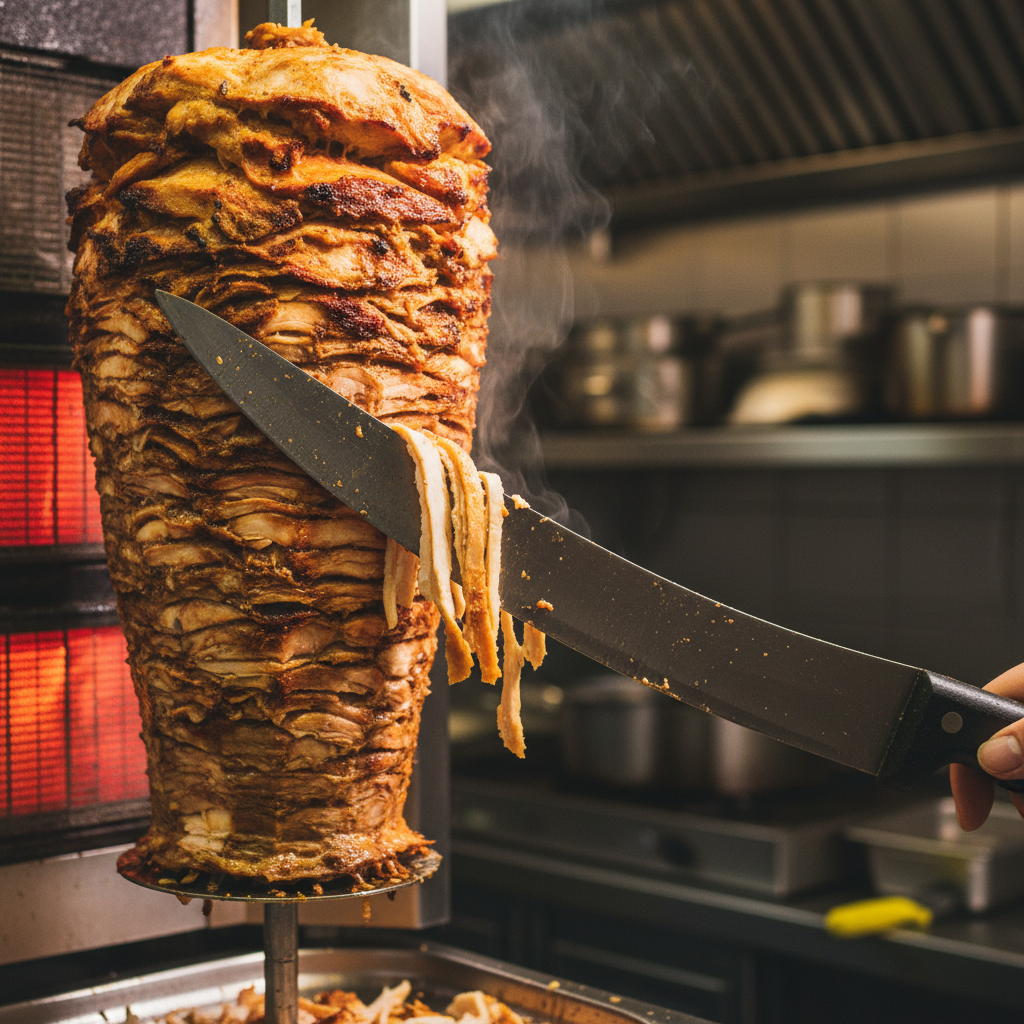 Close-up of chicken shawarma shaved from rotisserie for quick lunch delivery in Toronto