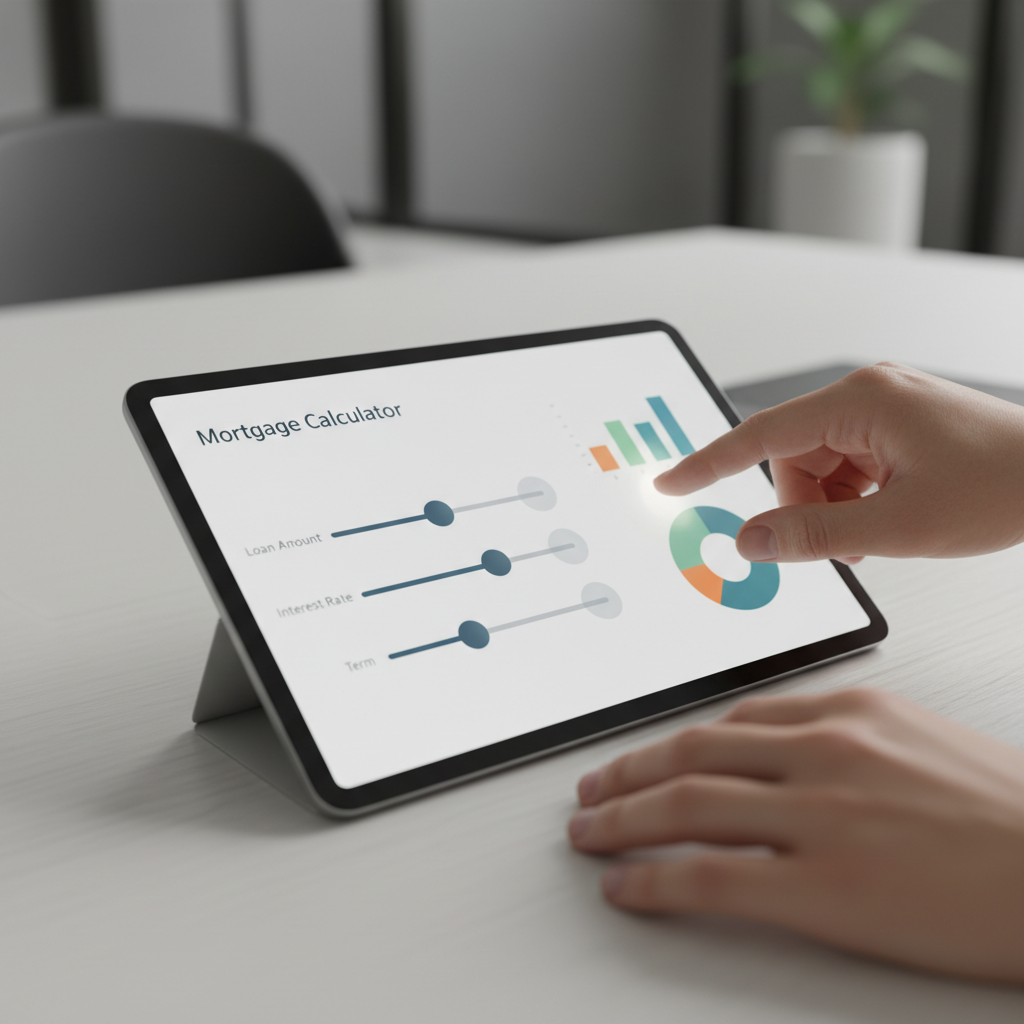 Detail shot of a person adjusting home loan repayment calculator sliders on a tablet to compare monthly vs fortnightly payments and model offsets and extras