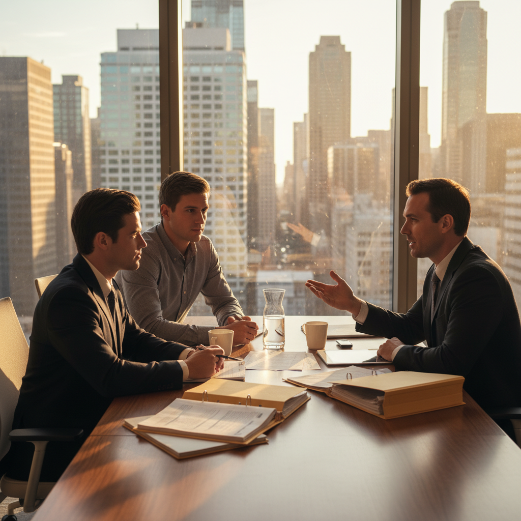 Mortgage broker meeting with two clients, reviewing home loan repayment scenarios and offset strategies in a modern office