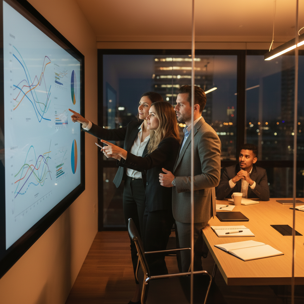 Marketing team collaborating around a screen with abstract analytics visuals representing Google Search Console insights