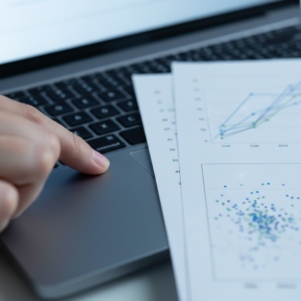 Close-up of hands analyzing Google Search Console data charts, focusing on CTR and impressions trends