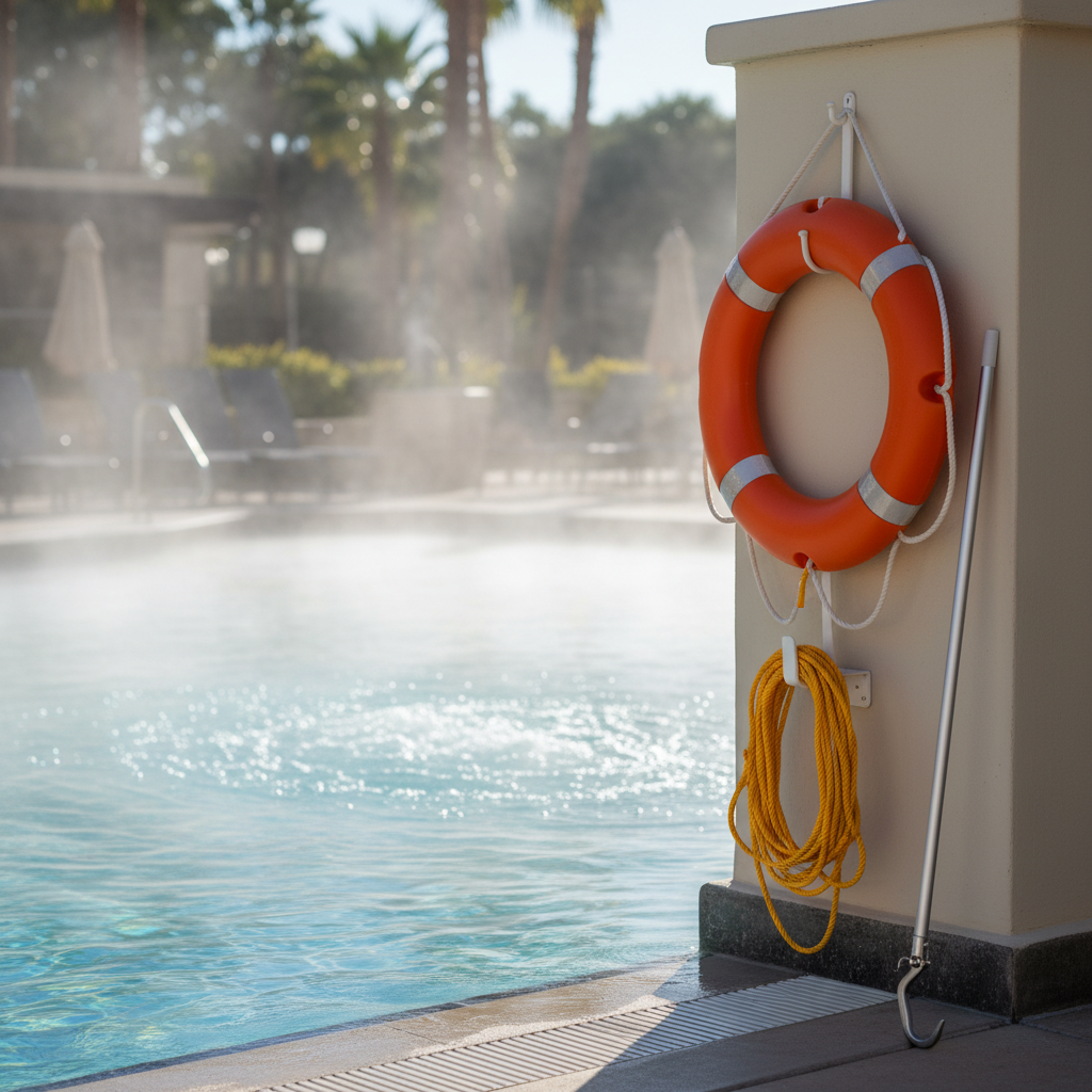Heated outdoor pool safety gear at a North Conway motel, family-friendly policies and pool rules in practice